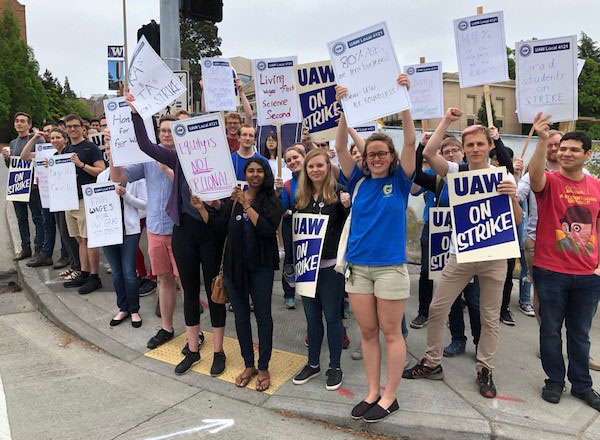 University of WA Academic Student Employees will rally and practice picket TODAY at noon at the George Washington Statue as they urge UW Administration to stop stalling and bargain! (Photo is from their May 2018 strike.) #1u #UnionStrong @UAW4121