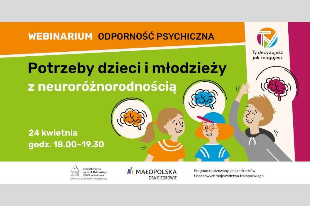 Zapraszamy na 4. w tym roku szkolnym webinarium poświęcone odporności psychicznej dzieci i młodzieży. Spotkanie, którego tematem będzie specyfika pracy z dziećmi i młodzieżą z neuroróżnorodnością, odbędzie się w środę 24 kwietnia o godz. 18.00. Szczegóły: malopolska.pl/aktualnosci/zd…