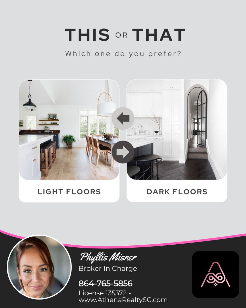 What’s your flooring of choice? 

Do you like the clean, modern feeling of light floors or the drama of dark floors? 

#homesweethome #homeiswheretheheartis #homeownership #woodfloors #athenarealtyllc #greenvillesc #realestate #smallbusinessowner #femalebusinessowner