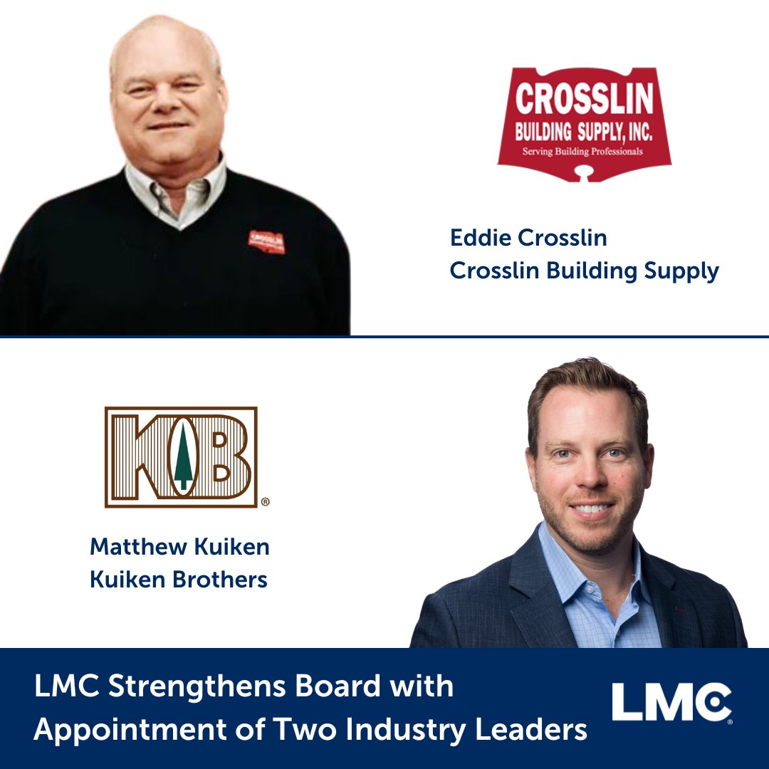 LMC strengthens board with appointment of two industry leaders, Eddie Crosslin of Crosslin Building Supply and Matthew Kuiken of <a href="/KuikenBrothers/">KuikenBrothers</a>.

Click the link to read: ow.ly/CvSA50Ri4RX

#lmc #buildingbusinesstogether #crosslinbuildingsupply #kuikenbrothers