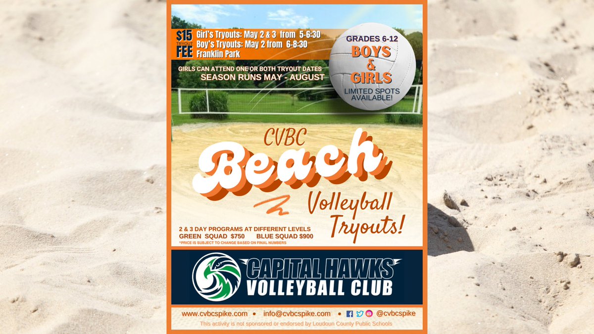 We’re getting excited for the upcoming CVBC 2024 BEACH VOLLEYBALL TEAM TRYOUTS! This is a great opportunity for players to come out & see what beach volleyball is all about!
For more info & to register today, please head to cyscva.com!