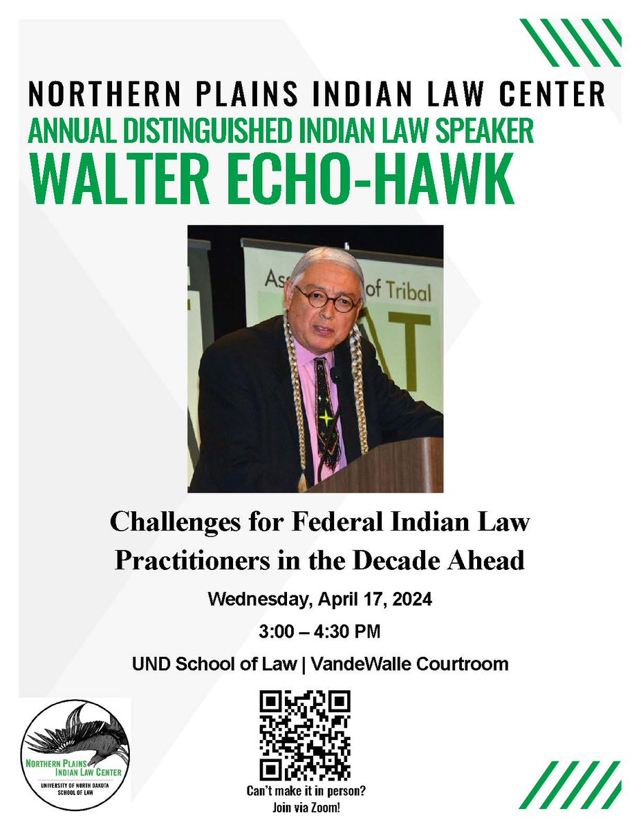 Join us today for the Annual Distinguished Indian Law Speaker, Walter Echo-Hawk from 3:00-4:30 PM in the VandeWalle Courtroom or via Zoom! #UNDlaw #UNDproud calendar.und.edu/event/northern…