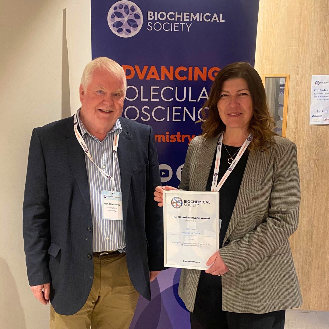 Congratulations to @EllieTzima who was presented with the 2024 GlaxoSmithKline Award at the 90th Harden today! We hope everyone enjoyed her exciting talk on guiding mechanical cues in blood vessels. #BiochemAwards #BiochemEvent