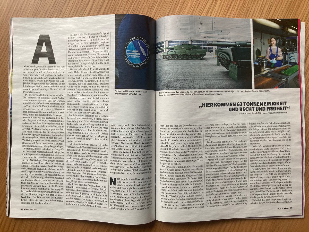 Nach Ostern war ich mit <a href="/teryoshi/">Nikita Teryoshin</a> in Unterlüß, von wo aus zwei Weltkriege ausgerüstet wurden, wo <a href="/RheinmetallAG/">Rheinmetall</a> heute für Munitions- und Panzernachschub für die Ukraine sorgt. Für <a href="/sternde/">stern</a> durfte ich den Mikrokosmos eines Ortes erkunden, der bis heute keinen Frieden findet.