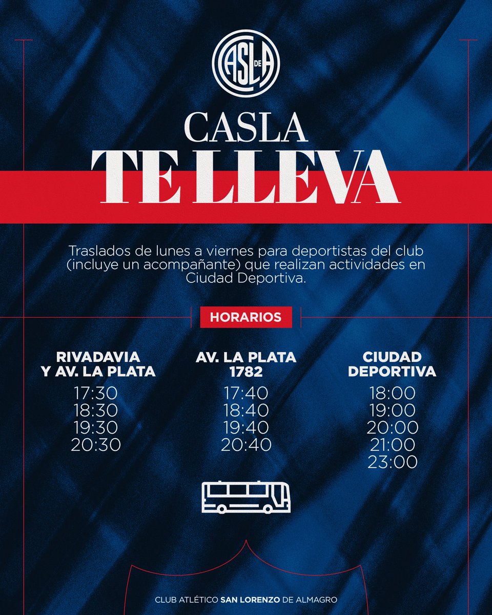 SanLorenzo's tweet photo. CASLA te lleva 🚌

Los deportistas de San Lorenzo que realizan actividades en Ciudad Deportiva desde ahora contarán con un servicio de traslado dispuesto por el club.

🔁 El recorrido tiene tres paradas: Av. La Plata y Rivadavia, Sede de Av. La Plata y Ciudad Deportiva.

👉 El servicio es gratuito, funcionará a partir de las 17.30 de lunes a viernes y el deportista puede viajar con un acompañante.

¡El club que queremos lo hacemos con vos! 💙❤️