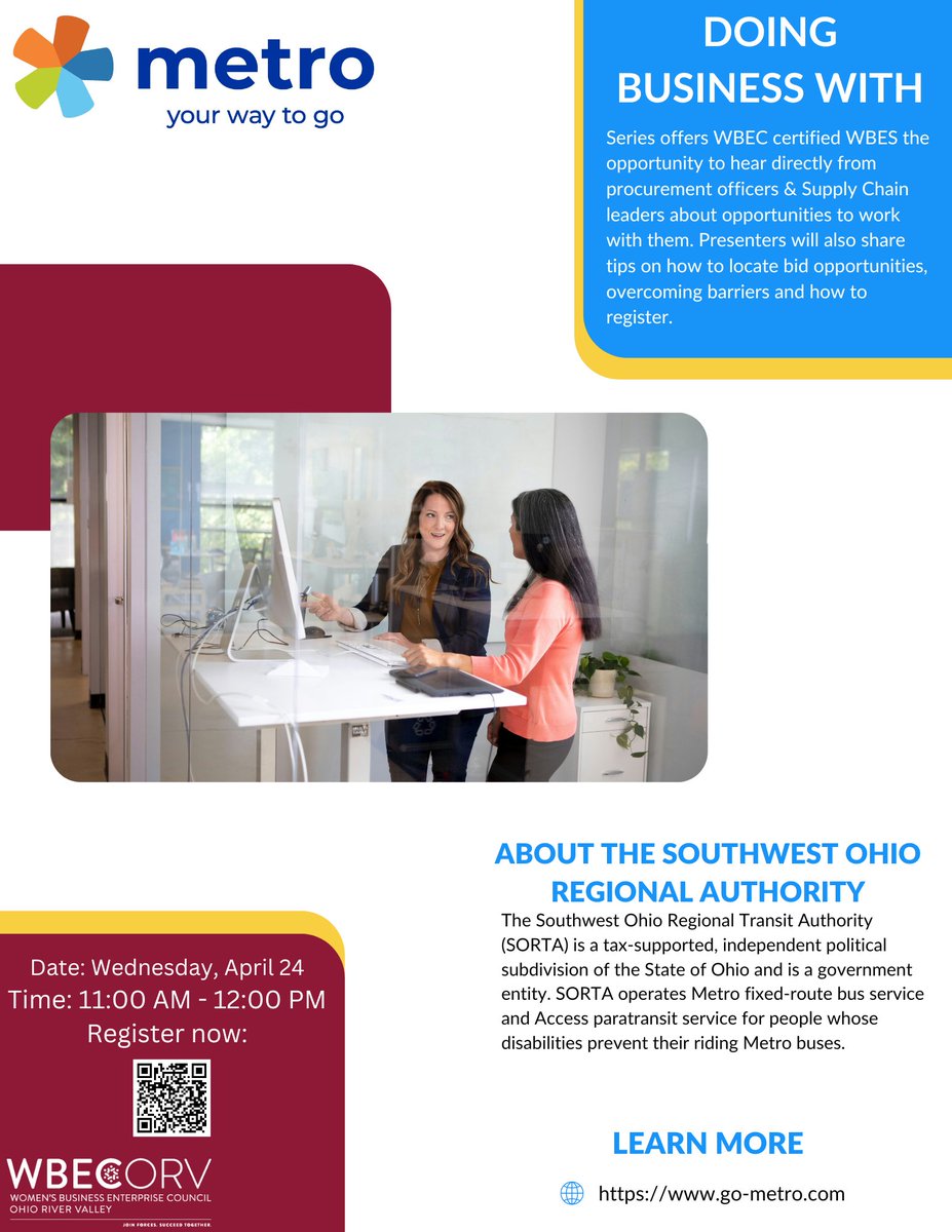 Our next Doing Business session will be with SORTA on April 24th. Join us to learn more about their opportunities and meet members of their supplier diversity &amp; procurement team. Register today tinyurl.com/ycxj26d8