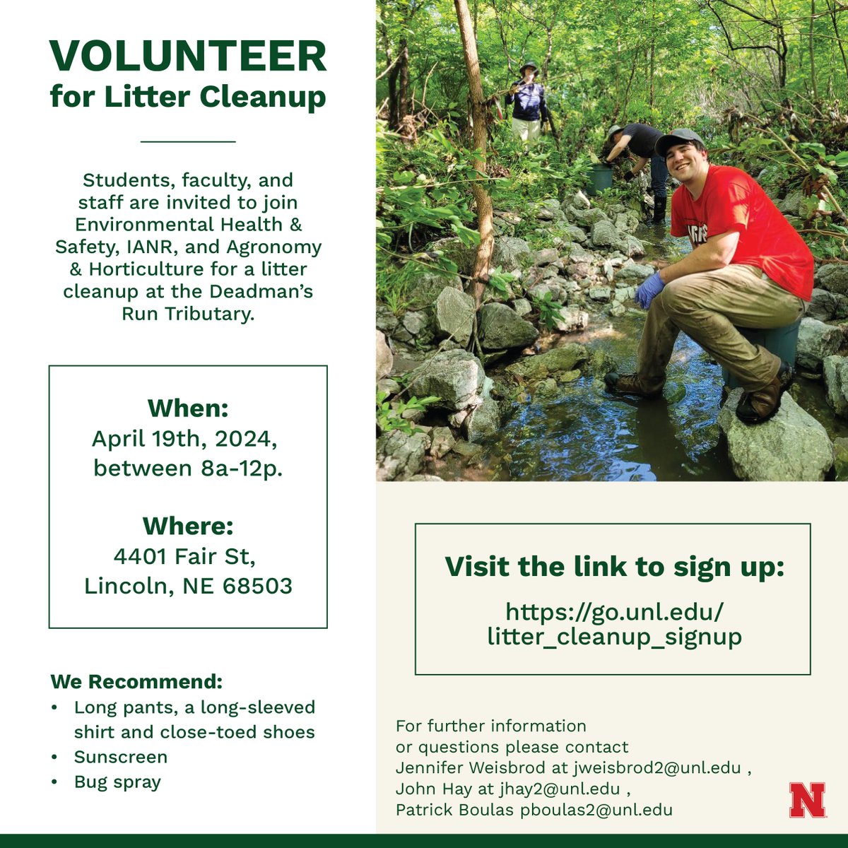 Calling all UNL students & staff! Together, let's contribute to a cleaner environment. 🌿Join us for a litter cleanup at the Deadman's Run Tributary. ⏰ April 19th 📍4401 Fair St @unlagrohort