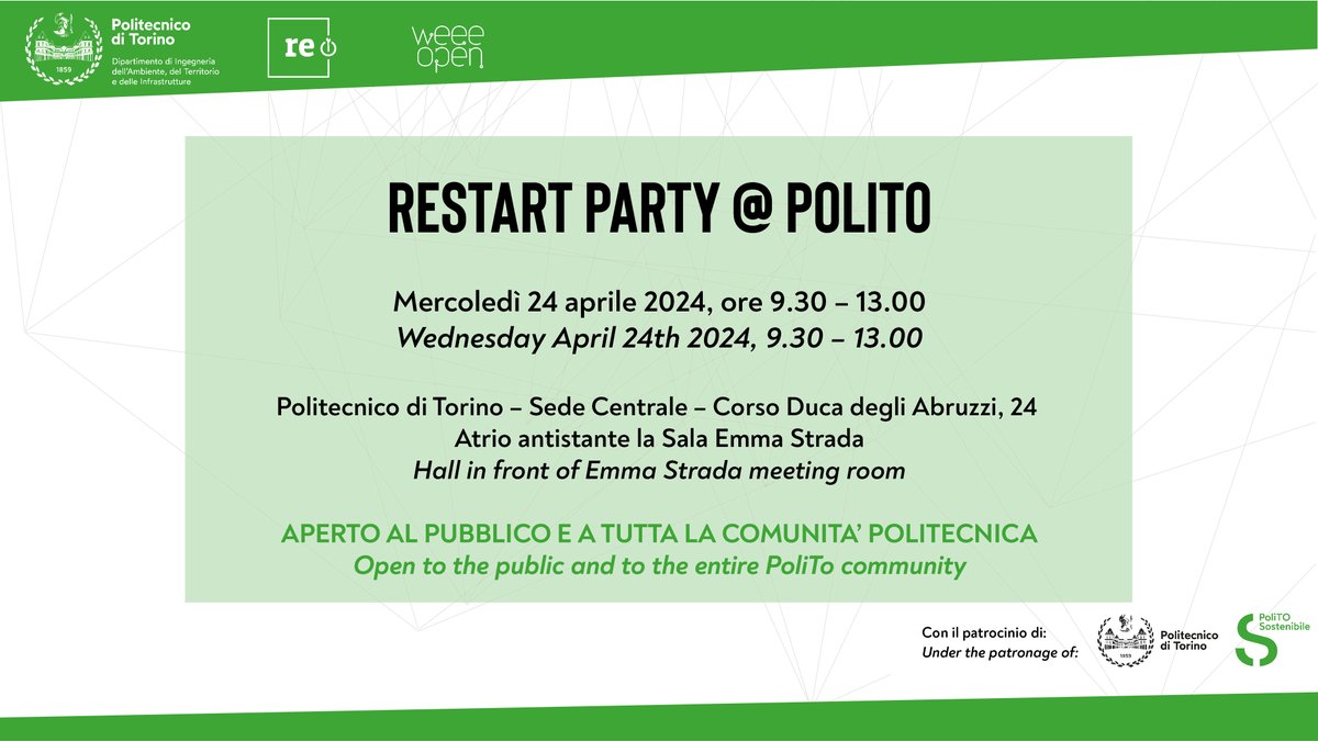 Non perderti il RESTART PARTY @ POLITO! Membri del Team WEEE Open e di #RestartersTorino ti aspettano per dare una nuova vita ai tuoi apparecchi elettici ed elettronici! 📌 24/04, 9.30-13, atrio di fronte Sala Emma Strada @PoliTOnews Più info: diati.polito.it/news/(idnews)/…