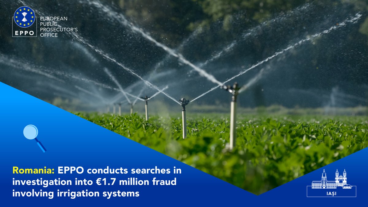 Searches were conducted today in Romania 🇷🇴 in our investigation into a €1.7 million fraud involving projects for irrigation systems. The procurement procedure was allegedly rigged to award the contract to a pre-selected company. 🔎Read more: eppo.europa.eu/en/news/romani…