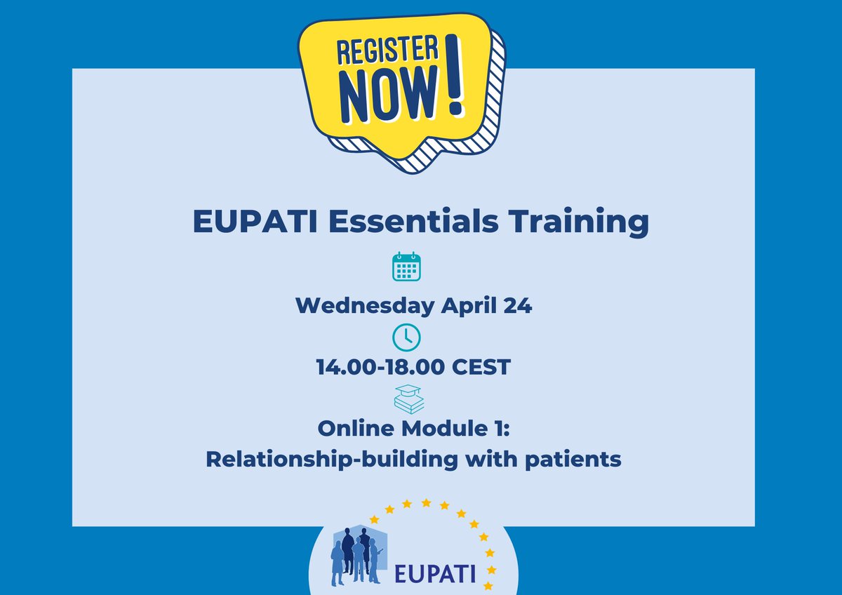 📣 One week left to register for our online EUPATI Essentials Training! 📣 
Are you an industry, academia or consortium member wanting to enhance your knowledge on patient engagement?
🎯 Register now ▶️ bit.ly/4auAmen 
#EUPATI #Essentials  #OnlineTraining  #RegisterToday