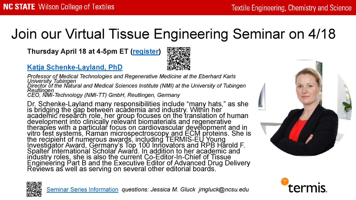 Join us tomorrow 4/18 at 4pmET for our virtual #TissueEngineering seminar with @schenkelayland from @NMI_DE 

sites.textiles.ncsu.edu/glucklab/semin…