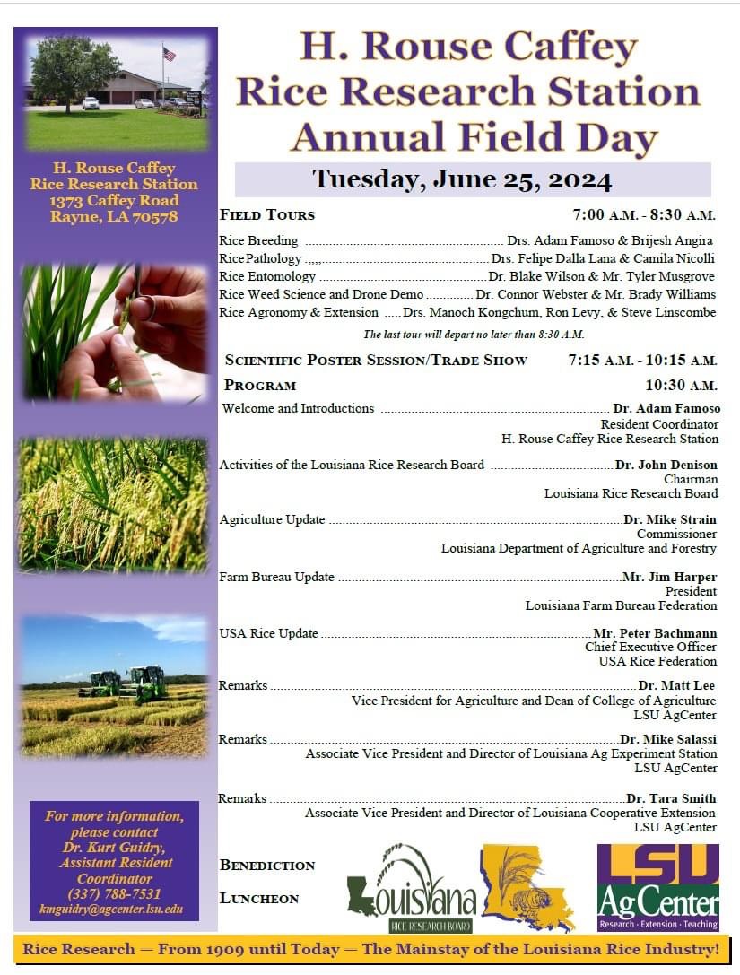 🌾Excited to join the H. Rouse Caffey, Annual Field Day on June 25, 2024! Looking forward to learning and sharing insights to enhance rice cultivation practices🌾 Thank you, @felipedallalana for inviting @ricecropcare @ArkAgResearch to participate! #LSURiceFieldDay #ARrice