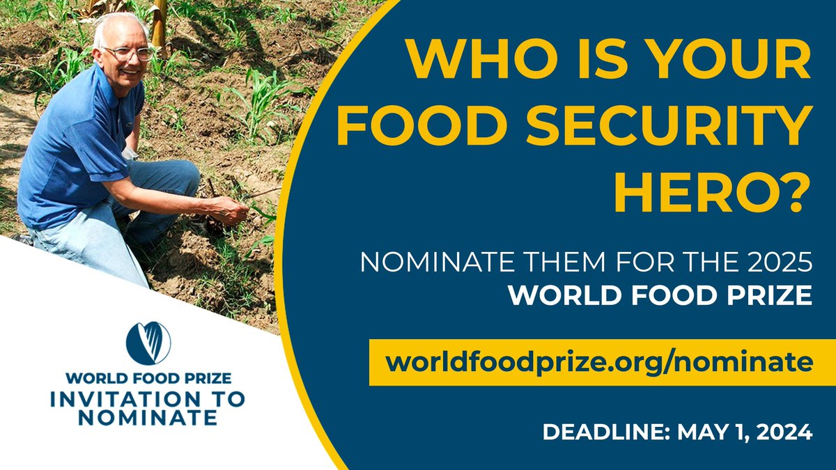 Know an agricultural pioneer working to advance #FoodSecurity?

Nominate them for the prestigious @WorldFoodPrize! 🏆

Learn about the nomination process and submit here 👉 bit.ly/FoodPrize25

#FoodPrize25