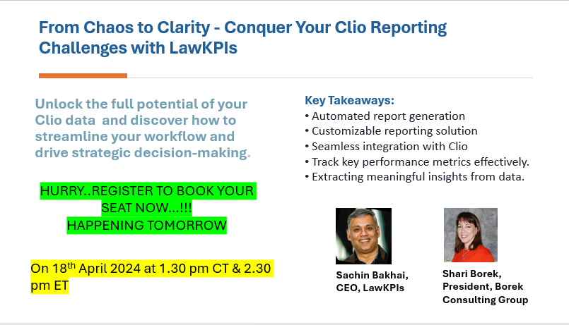 LAST CHANCE to Register for the @goclio Webinar HAPPENING TOMORROW with @lawkpis  & Borek Consulting Group. Register NOW! bit.ly/43BH8wC 
#LegalTechnology #LawKPIs #BorekConsulting #lawWebinar  #aba #dallasaba #alabuzz #ala