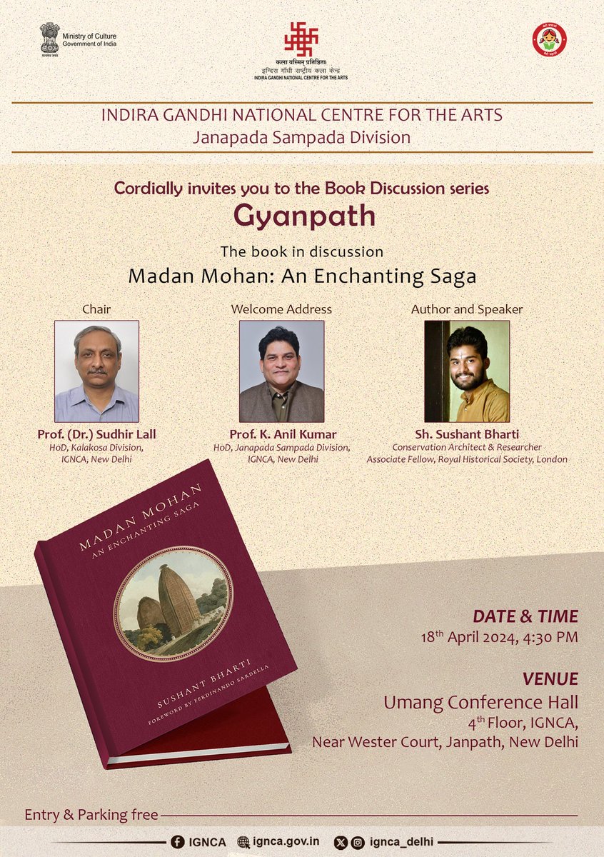 ignca_delhi's tweet image. Indira Gandhi National Centre for the Arts, Janapada Sampada Division cordially invites you to a Book Discussion on Madan Mohan: An Enchanting Saga on 18th April, 2024 in 4:30 PM.

Venue - Umang Conference Hall, IGNCA, Janpath, New Delhi

#madanmohan #bookdiscussion  #culture…