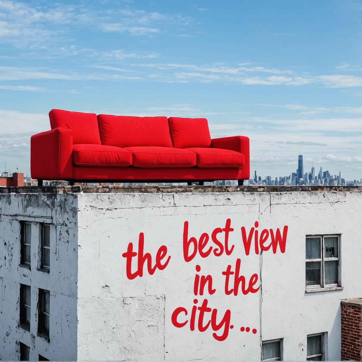 StabilityAI's tweet photo. @FireworksAI_HQ Prompt: A red sofa on top of a white building. Graffiti with the text “the best view in the city”. https://t.co/koSQWxldOH