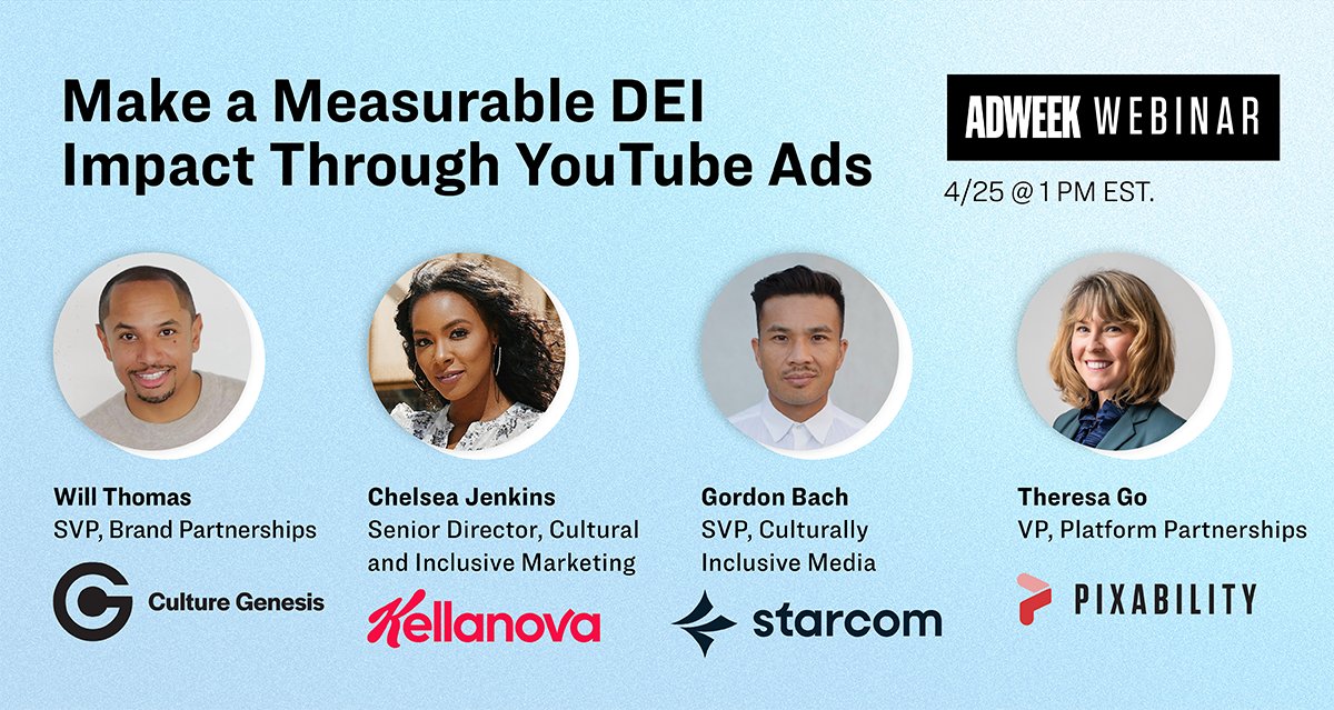pixability's tweet photo. Pixability is partnering with @CultureGenesis, Kellanova, and @Starcom_USA for our upcoming @Adweek webinar titled ‘Make a Measurable #DEI Impact Through #YouTube Ads.’ Register today! @YTAdvertisers https://t.co/Wps0jGrDR5 https://t.co/sCbUpaAFCR