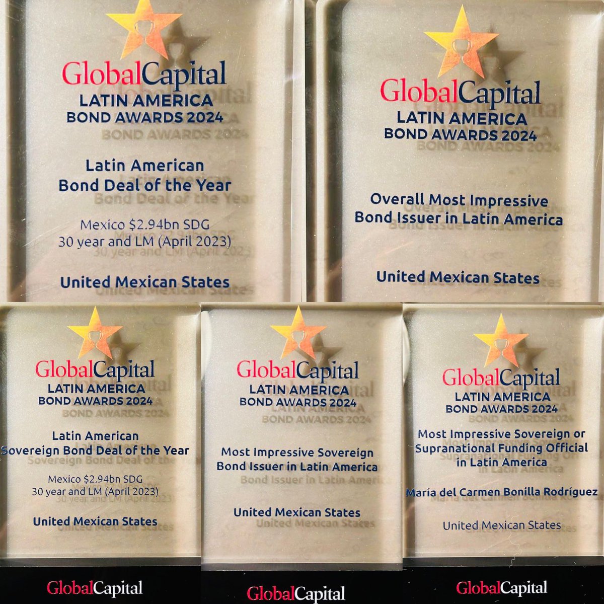 GabrielYorio's tweet photo. Ayer, el @GobiernoMX recibió cinco importantes reconocimientos en los Premios Global Capital LatAm por la administración e innovación en su manejo de deuda.

Los premios que obtuvimos fueron: 

🥇Mejor Emisor de Bonos en General en América Latina.
🥇Mejor Transacción de Bonos del Año en América Latina.
🥇 Mejor Funcionario de Financiamiento Soberano o Supranacional en América Latina.
🥇Mejor Emisor de Bonos Soberanos en América Latina.
🥇Mejor Bono Soberano del Año en América Latina.

Estos galardones destacan la eficacia en el manejo de responsabilidades fiscales y el compromiso del país con la sostenibilidad y gobernanza ambiental.

#PremiosGlobalCapitalLatAm