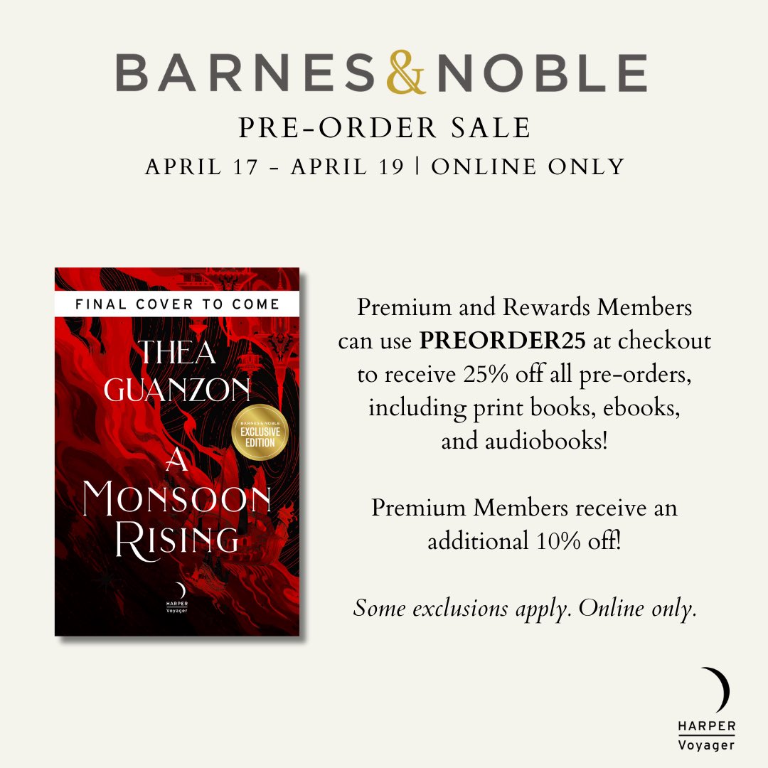 PREORDER SALE ALERT 😍 From 4/17 to 4/19, the second book in my HURRICANE WARS trilogy #AMonsoonRising is 25% off in all formats for B&N premium and rewards members, with an additional 10% off for premium members! Use code PREORDER25 at checkout 💖🌩️ ➡️ barnesandnoble.com/w/a-monsoon-ri…