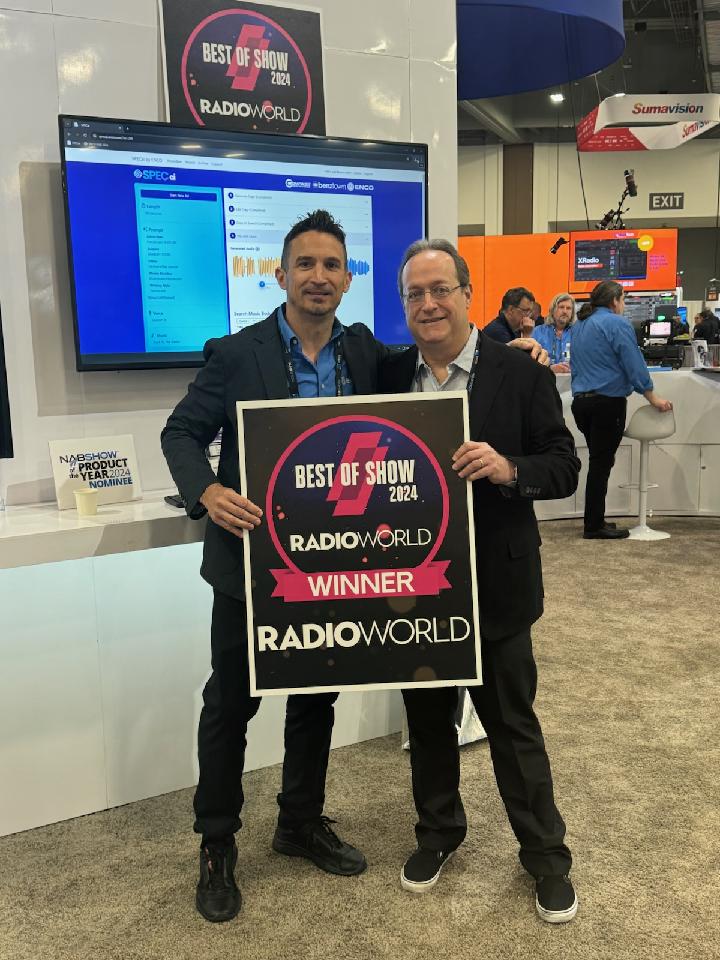 ENCOSYS's tweet image. Ken Frommert, President of ENCO Systems, stands with Hiram from Compass Radio Network, a SPECai partner, after the company received Radio World&apos;s Best of Show award during #NAB2024.