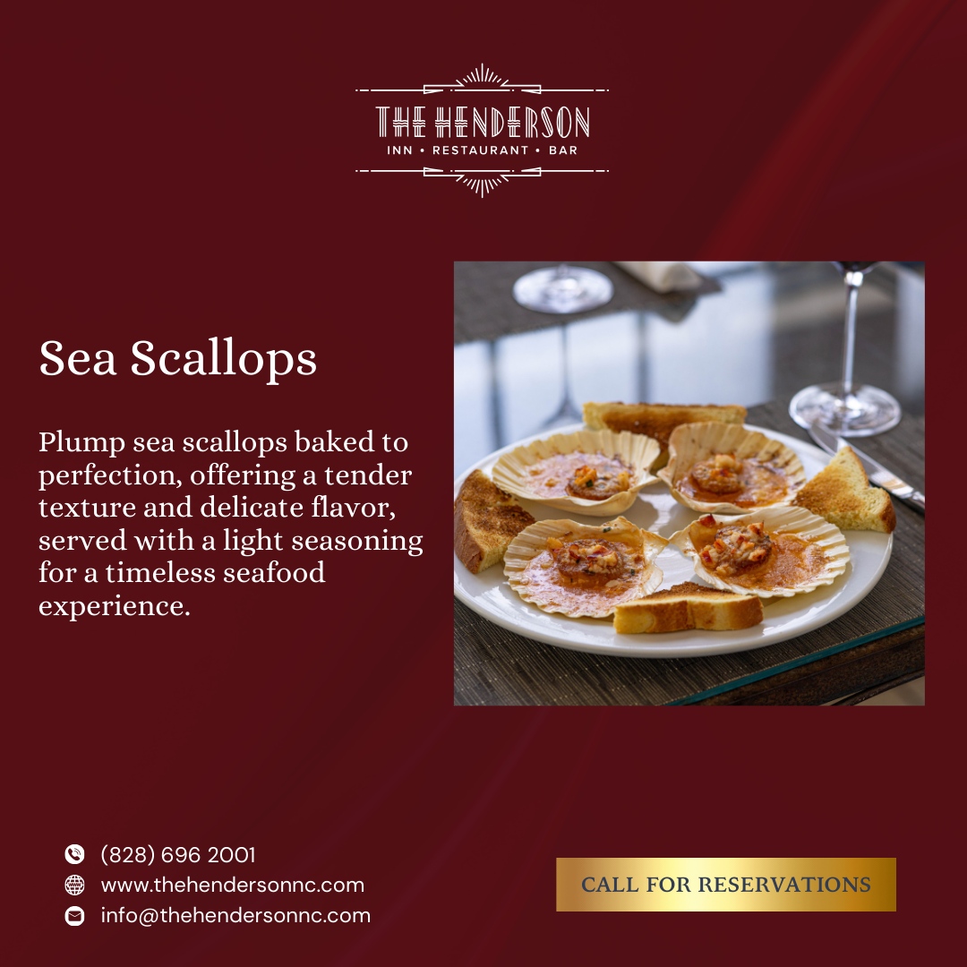 Let our Sea Scallops transport you to coastal paradise! 

Book your table now and treat yourself to a seafood extravaganza!

🌐thehendersonnc.com
📞(828) 696 2001 

#TheHenderson #HendersonvilleNC #BlueRidgeMountains #HistoricInn #BedandBreakfast #AlFrescoDining