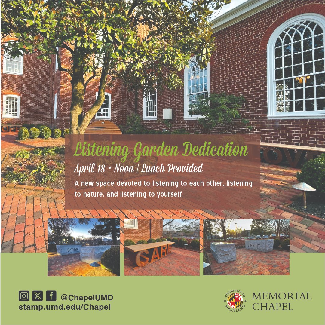 ChapelUMD's tweet image. Behind each curve and corner of the Listening Garden is the art of thoughtful creation. Tomorrow, explore the space designed for minds to meet and ideas to
bloom. April 18 |  Noon | Lunch on us
#mindfulspaces #listeninggardendedication 
#EchoesOfUnity #April18 #garden
