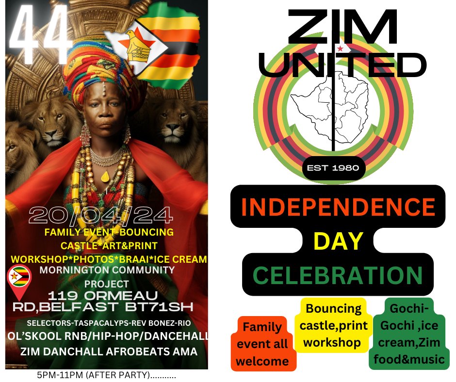 InfoAcsoni's tweet photo. Dear Friends and Community Members,

On behalf of Zim United, we cordially invite you to join us in celebrating the independence of Zimbabwe on Saturday, April 20th, 2024 from 4:00 PM to 11:00 PM at the Mornington Community Centre in Belfast. https://t.co/UEt1pwlQO5