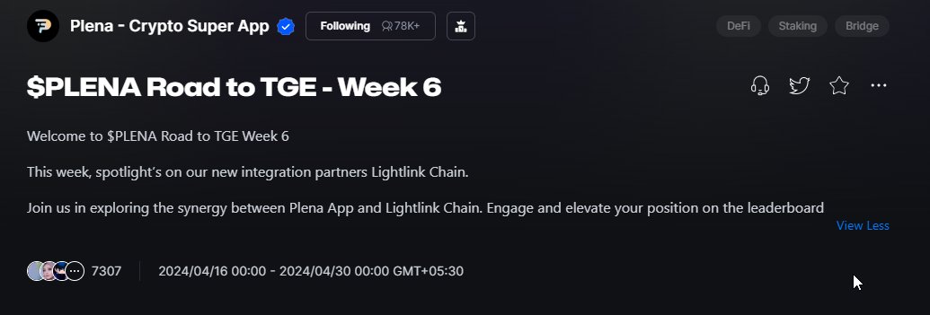 ⚡️ PLENA Road to TGE - Week 6 Added

👉 #Plena added Week 6 tasks in their Road To TGE program.

🔗 Go Here:
app.galxe.com/quest/PlenaFin…

🔹 Key Points
➖ Tasks involves minting Lightlink X Plena NFT in Plena Wallet App
➖ Accumulate max LPs to maximize rewards

📲Must join us on