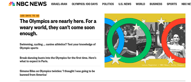 Obsessed with @NBCNews's Olympics homepage package! Thread of all the great stories marking the 100 day countdown to #olympics2024