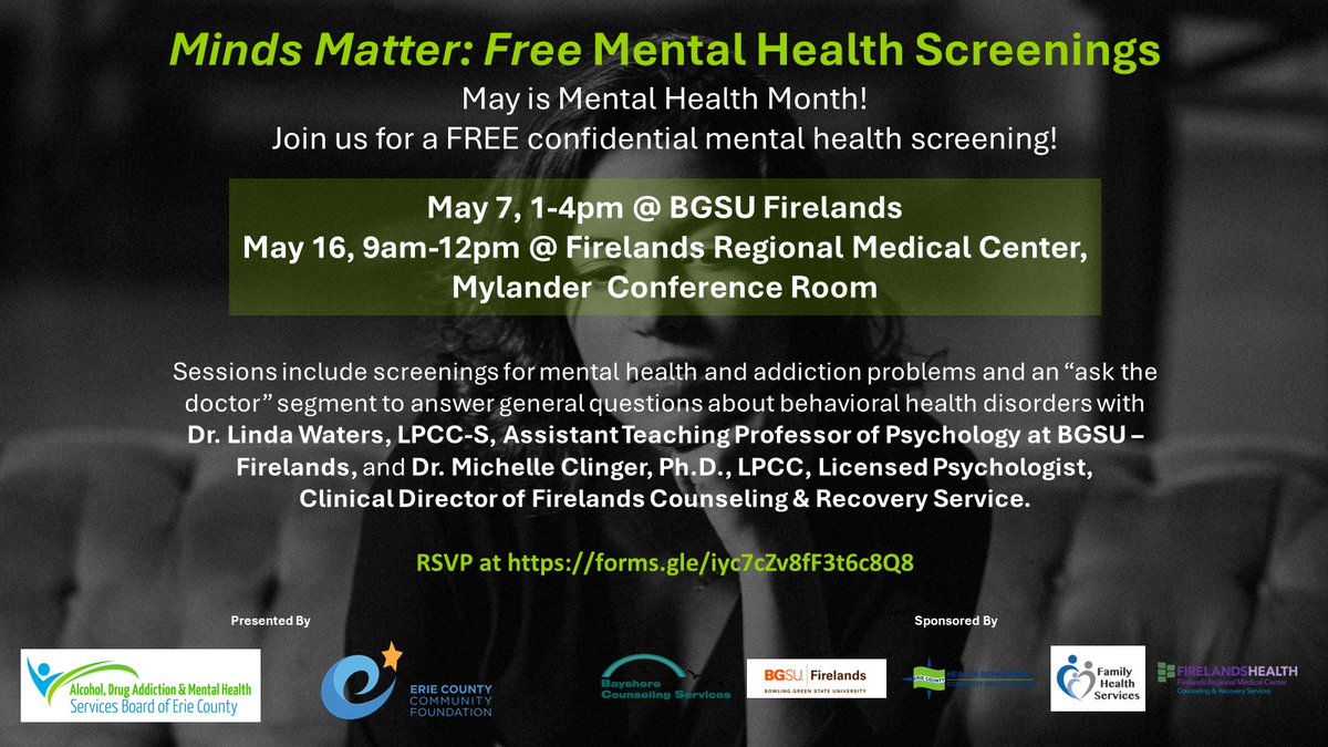 @erieccf and ADAMHS Board of Erie County, Ohio will present free mental health and addiction screenings for #MentalHealthMonth. May 7 @bgsufirelands and May 16 @firelandshealth. Doctors and Counselors available. Get details and RSVP at forms.gle/iyc7cZv8fF3t6c…