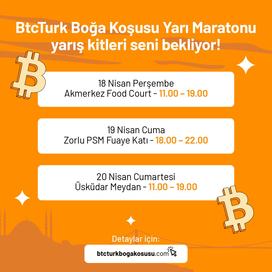 BtcTurk Boğa Koşusu Yarı Maratonu yarış kitleri seni bekliyor! Çipli göğüs numarası, koşucu t-shirtü, boyunluk ve kanvas çantadan oluşan kitini aşağıdaki tarih ve saatler arasında belirtilen lokasyonlardan kimliğini ibraz ederek teslim alabilirsin. 📍18 Nisan Perşembe -…