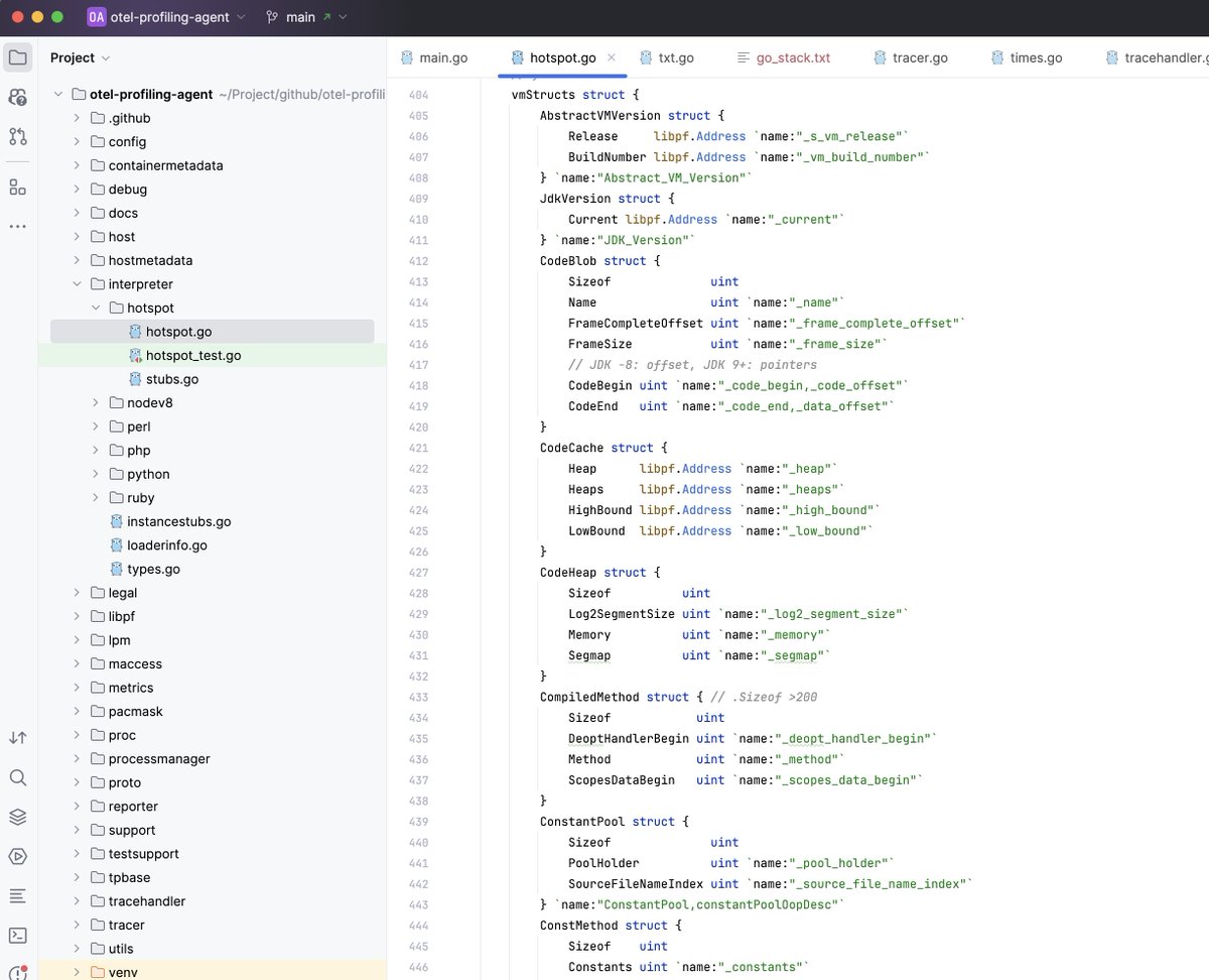 github.com/elastic/otel-p…
可以直接支持JAVA、PHP、Python、GO等高级语言程序的可观测性。不依赖高级语言的符号表、DWARF信息，直接解析到JAVA层的语言符号。 笔者稍微实验了一下，甚至可以作为未来RASP的技术方案。规避了Java Agent动态注入带来STW性能抖动的问题。强得可...可...可...怕...怕...。