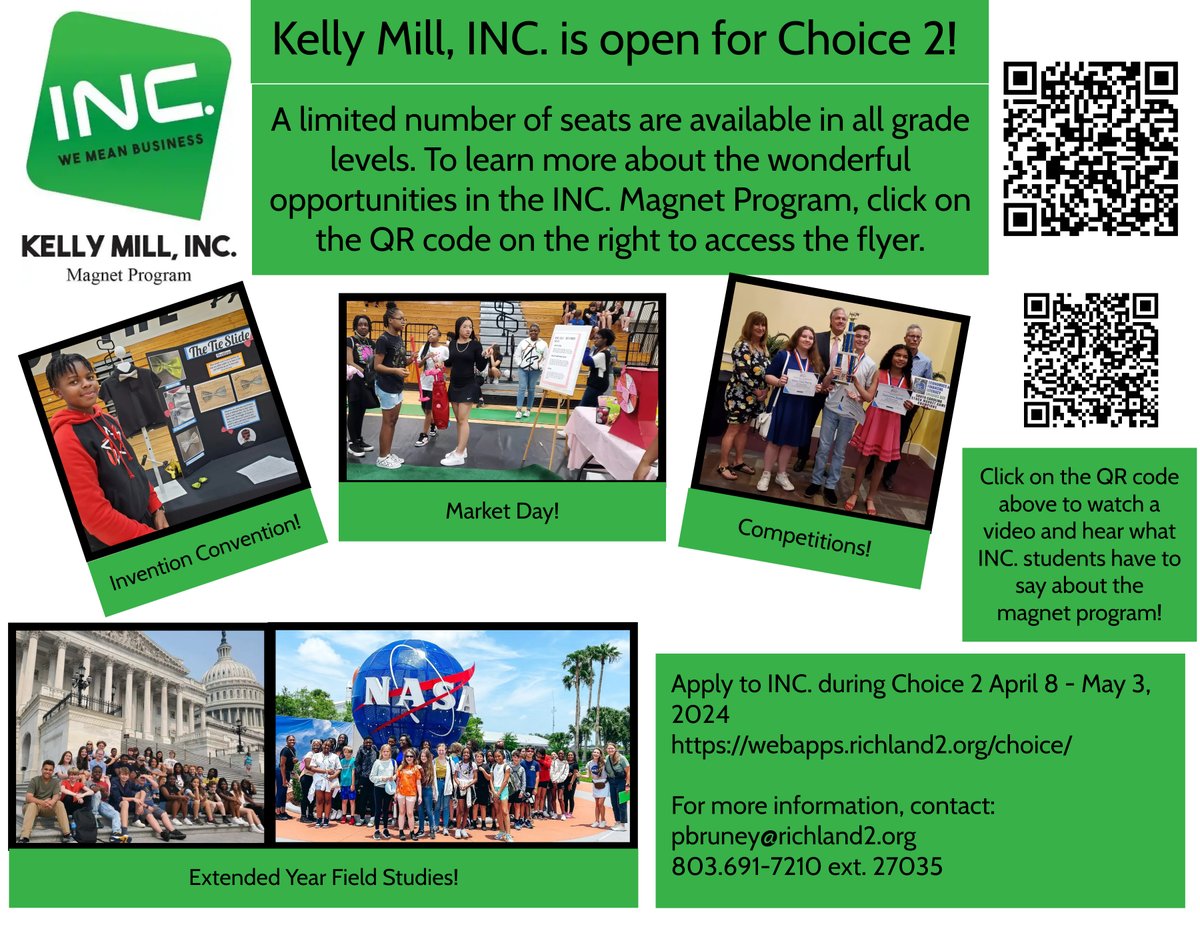 Prospective Parents and Students, we would love to have you join our Panther family! Apply to Kelly Mill, INC. Magnet Program through May 3rd, 2024 at webapps.richland2.org/choice. In INC. 'We mean business!'