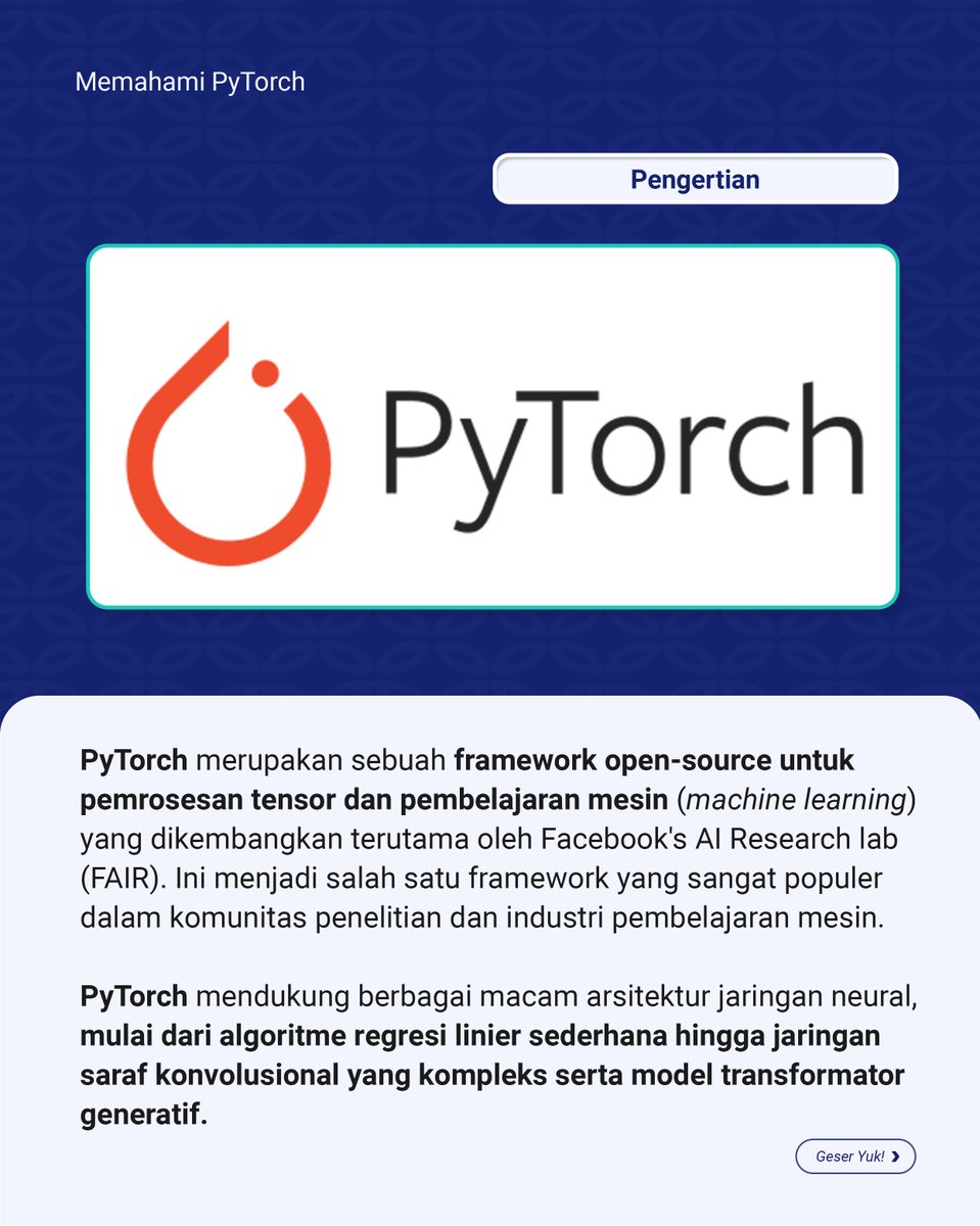 AccelistEdukasi's tweet image. Ternyata PyTorch bisa ngebantu banget nih buat teman Mindu yang mau meneliti deep learning. 😉
#pytorch #learning #learningcoding #coding #belajarcoding #accelistedukasiindonesia #AEDU