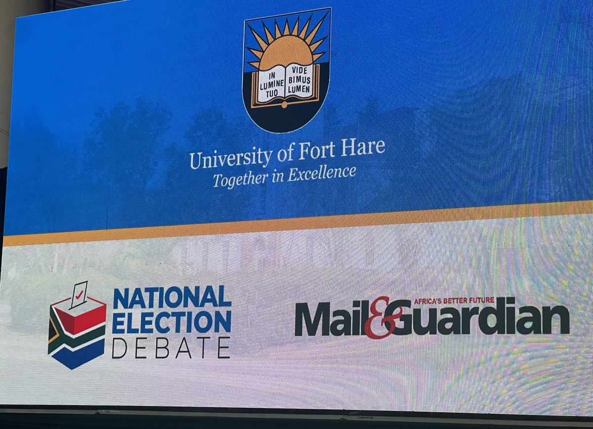 The stage is all set up! The ANC, EFF, DA, IFP and ActionSA will face off at the 2024 National Election Debate, hosted by the Mail & Guardian, in partnership with the University of Fort Hare, tonight at 7PM!   Catch the livestream here: t.ly/mR-Oj…