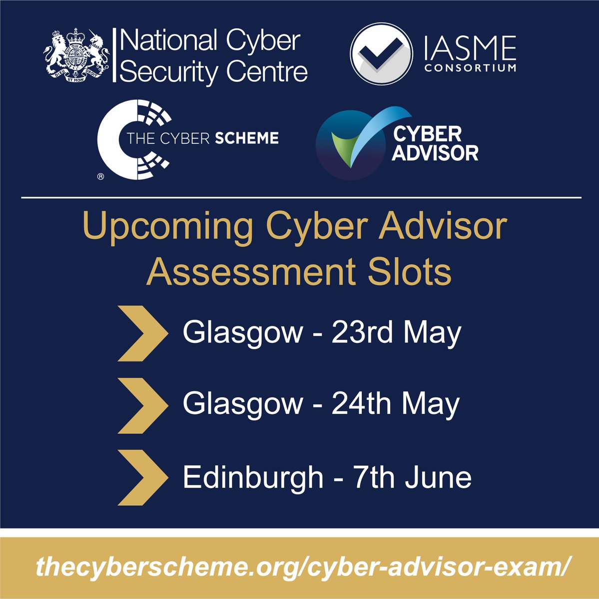 Additional #CyberAdvisor assessment slots are now available in #Scotland! 📣 In May & June, @thecyberscheme are running several Cyber Advisor Assessment sessions, hosted in #Glasgow & #Edinburgh. 🏴󠁧󠁢󠁳󠁣󠁴󠁿 Find out more & book your exam by visiting 👉 ow.ly/NNvC50RiaLu