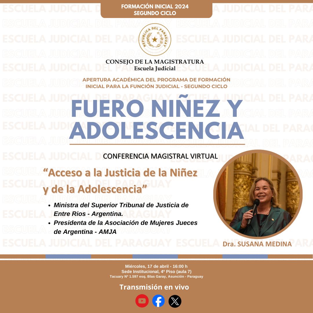 ConsejoParaguay's tweet photo. La Conferencia Magistral sobre "Acceso a la justicia de la Niñez y Adolescencia", que tendrá como disertante a la ministra del Superior Tribunal de Justicia de Entre Ríos y presidenta de la Asociación de Mujeres Jueces de Argentina, Dra. Susana Medina, prevista para hoy miércoles 17 de abril de 2.024 a las 16:00 horas, será transmitida en vivo por las plataformas digitales de la institución.

Se recuerda que el acto académico es organizado para la participación presencial de estudiantes del Segundo Ciclo del Fuero Niñez y Adolescencia, docentes de dicho fuero y contará con la presencia de Miembros del Consejo de la Magistratura e invitados especiales. 

En vivo por:

📌https://t.co/4QUYNycBBT

📌https://t.co/gMnZuHGb2M

📌https://t.co/oPyZaON9a5