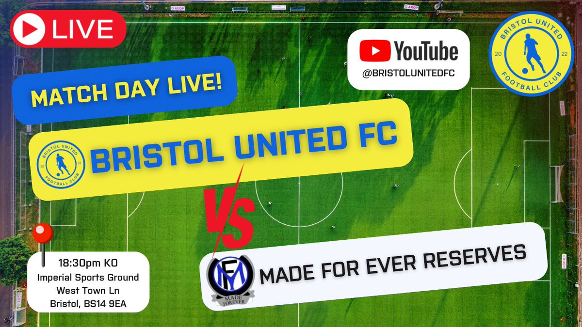 FCBristolUnited's tweet photo. Live match day 🎥

This evening sees us face @MadesReserves in a promotion battle in the league.

KO 6.30pm, Imperial Sports Ground, Bristol, BS14 9EA. 

Live on our YouTube channel from 6.15pm!
https://t.co/57I119GmNk

https://t.co/SzqScfCpng

#UpTheBots #Live #Football https://t.co/95k6roxoUz