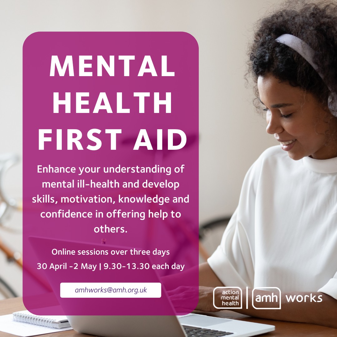 Join @amhNI for their next Mental Health First Aid session online! 💻 This vital training takes place over three days, online: Tuesday 30 April - Thursday 2 May, 9.30am - 1.30pm. To find out more and book your place at £185 per person, email amhworks@amh.org.uk. #MentalHealth