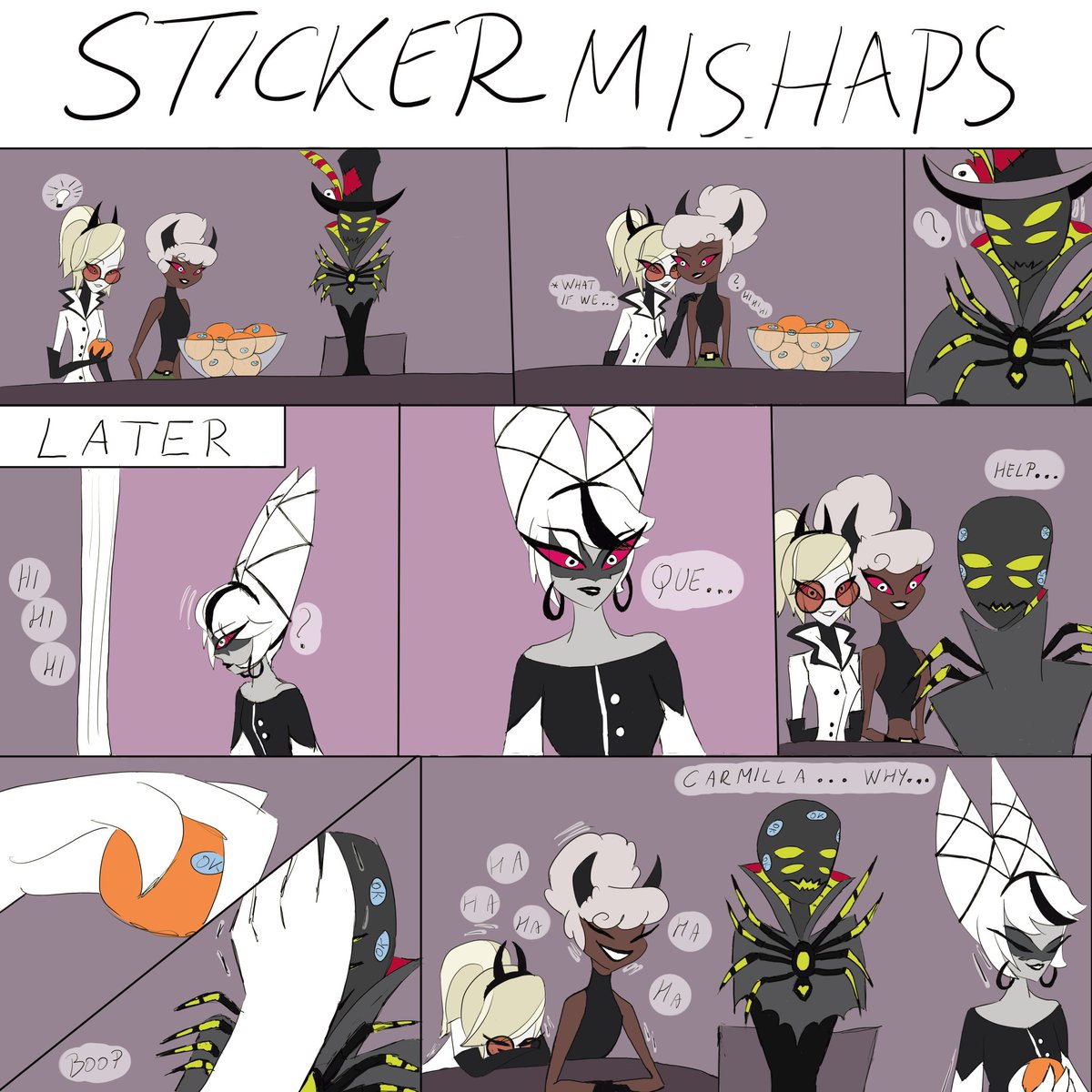 Sticker mishaps. 
Just some family feels. 
The only reason this got colour is cause someone asked if those oranges with stickers, were eyeballs or boobs.
Based on real events.
#zestmilla #HazbinHotel #fancomic #art #fanart #family #Pranks #Stickers #boop #funny