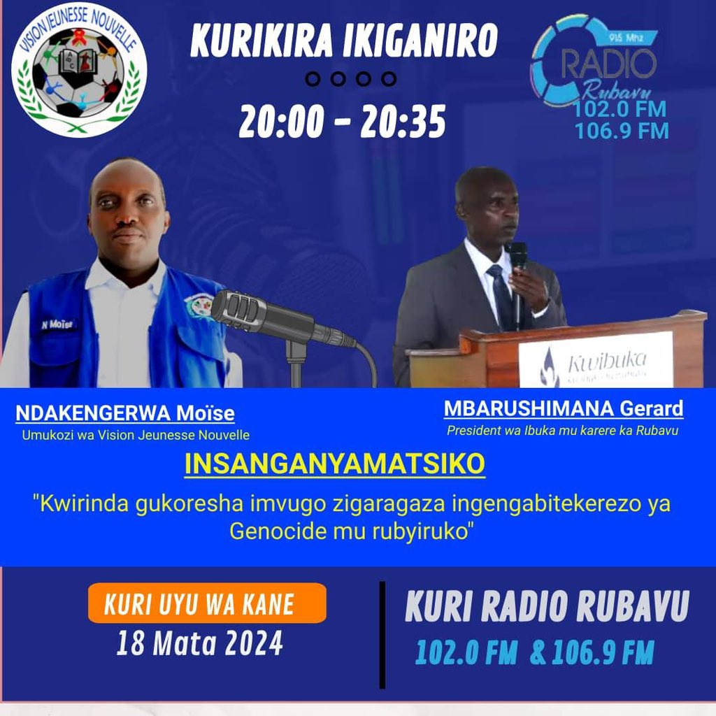 Ku munsi w’ejo tuzaganira ku nsanganyamatsiko “Kwirinda gukoresha imvugo zigaragaza ingengabitekerezo ya Genocide mu rubyiruko” Ni saa 20:00 kuri @RadioRubavu Ntimuzacikwe! @Unity_MemoryRw @RwandaYouthArts @RubavuDistrict