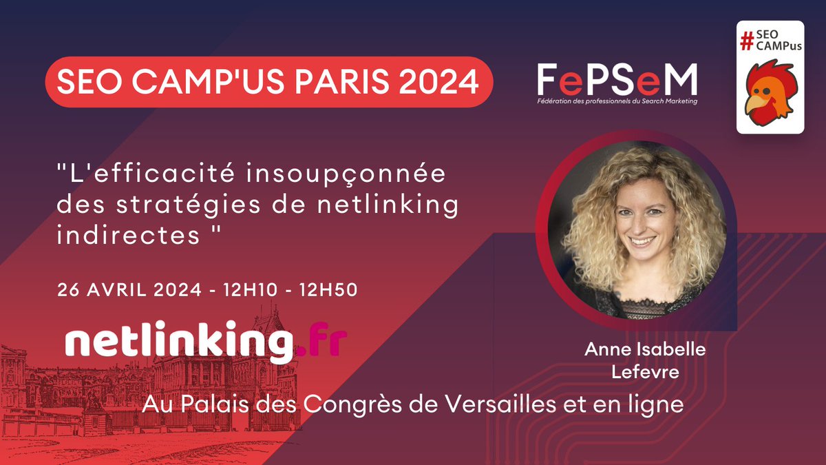 SEO CAMP / FePSeM (@seocamp) on Twitter photo A suivre au #SEOCAMPus Paris 2024 📣
Anne Isabelle Lefevre de <a href="/netlinking_fr/">Netlinking.fr</a> “L'efficacité insoupçonnée des stratégies de netlinking indirectes"😎
En présentiel ou en ligne 🧑💻
Les 25 & 26 avril 2024 🗓
Infos et inscriptions 👉 bit.ly/3urgVUa A suivre au #SEOCAMPus Paris 2024 📣
Anne Isabelle Lefevre de <a href="/netlinking_fr/">Netlinking.fr</a> “L'efficacité insoupçonnée des stratégies de netlinking indirectes"😎
En présentiel ou en ligne 🧑💻
Les 25 & 26 avril 2024 🗓
Infos et inscriptions 👉 bit.ly/3urgVUa
