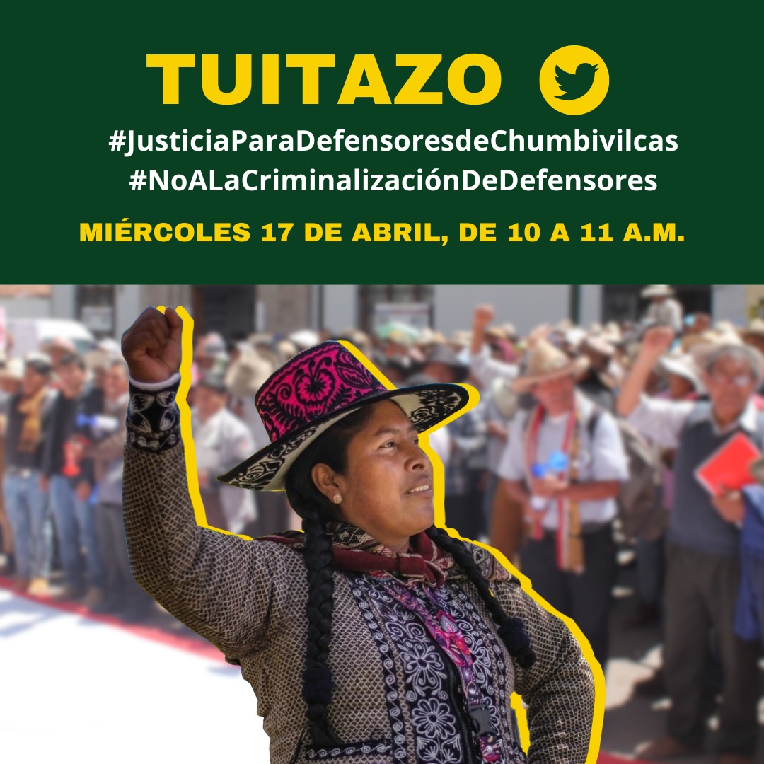 #HOY TUITAZO por los defensores del medio ambiente de Chumbivilcas - #Cusco | #JusticiaParaDefensoresdeChumbivilcas La Corte Suprema dictará la sentencia para los defensores el lunes 22 de abril, quienes son acusados por delitos que no cometieron. Basta de criminalizarles📢