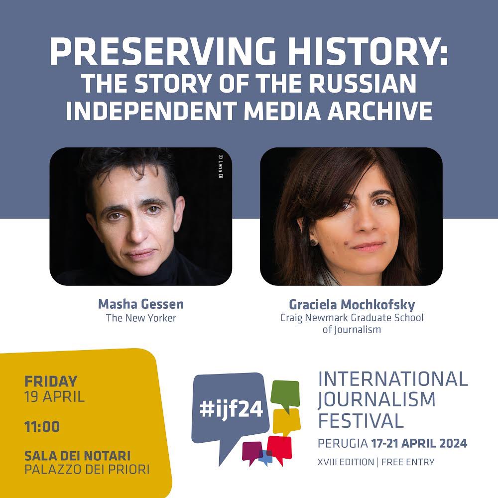 📣Excited to announce Masha Gessen is a #ijf24 speaker. Added today at their request. 🔴 Save the date 'Preserving history: the story of the Russian independent media archive' #ijf24 with @mashagessen @gmochkofsky 🎥Live & On Demand>Fri, 19 Apr journalismfestival.com/programme/2024…