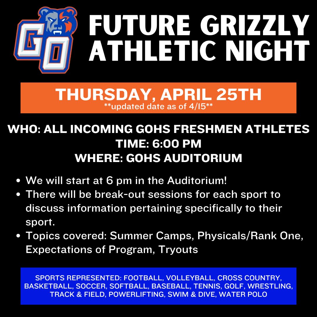 Future Grizzly Athletic Night has been updated! Can’t wait to meet the next generation of Grizzlies!!