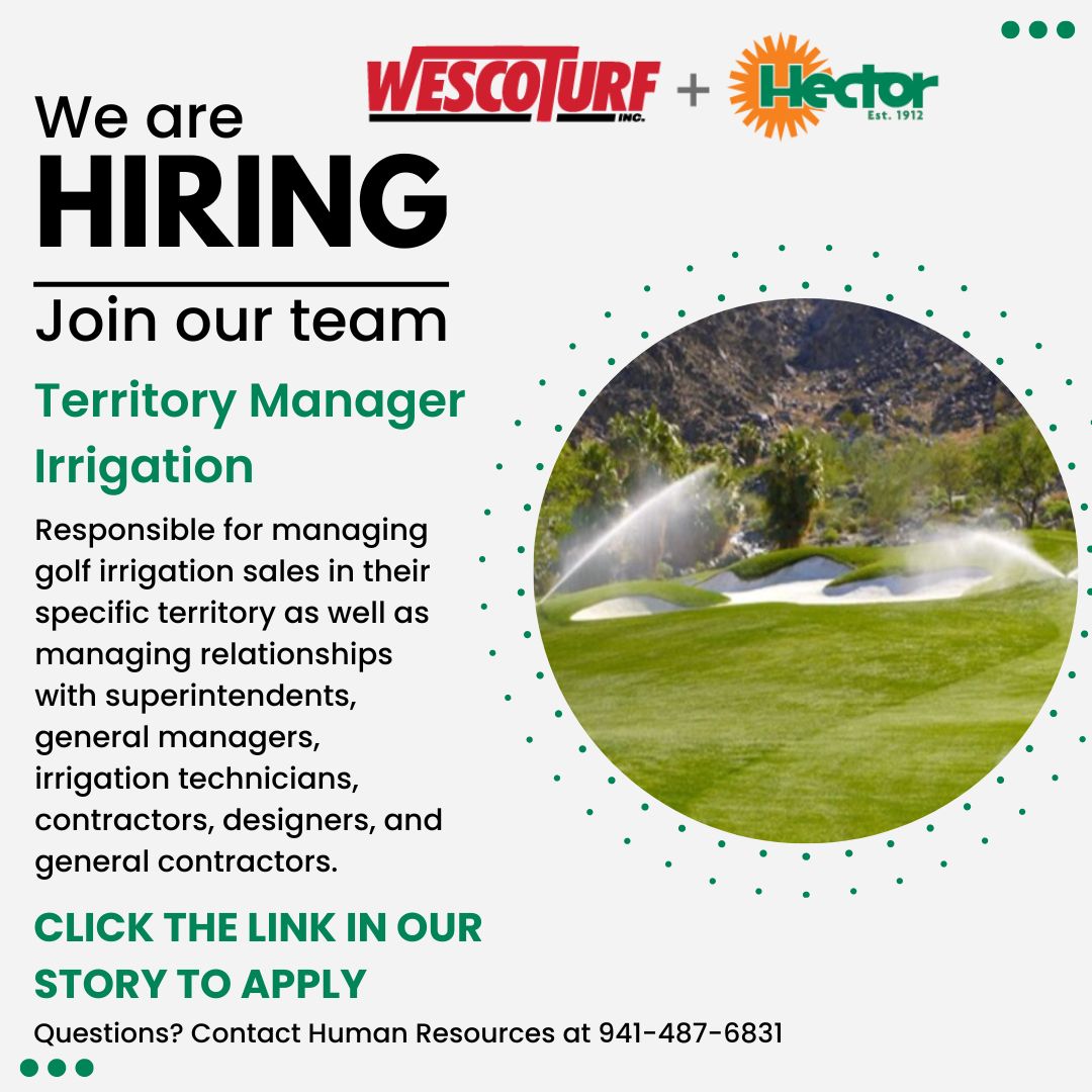 wescoturf's tweet image. Swing into success with our top-notch golf irrigation solutions! Join our team and tee up your career for growth and green opportunities. 

Apply now!  
zurl.co/fypu

  #GolfIrrigation #SalesRole #WescoTurf #HectorTurf #Toro