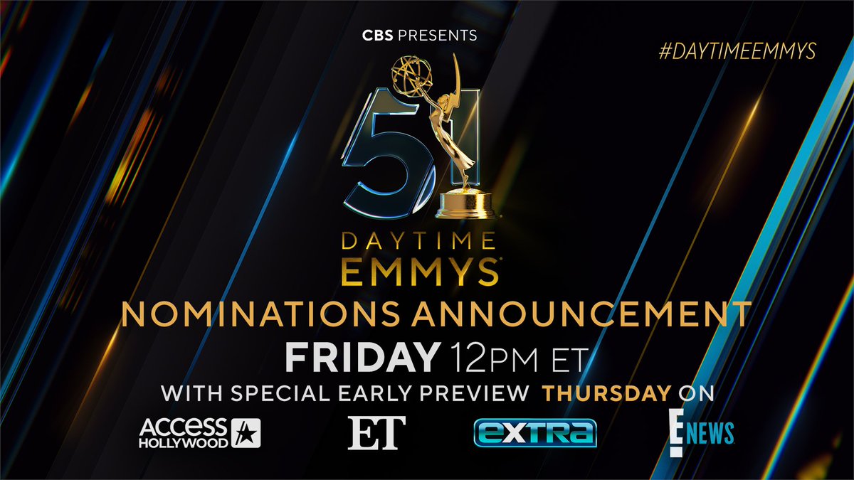 Let the countdown begin! #DaytimeEmmys nominations are coming this Friday at noon ET, with a special sneak peek tomorrow on @accesshollywood @enews @etnow @extratv!