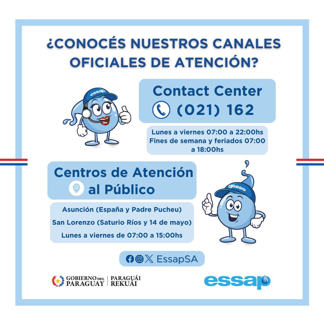 ¡Te recordamos cuales son nuestros canales oficiales de atención! 📞 (021) 162 📍Centros de atención al público #GobiernoDelParaguay