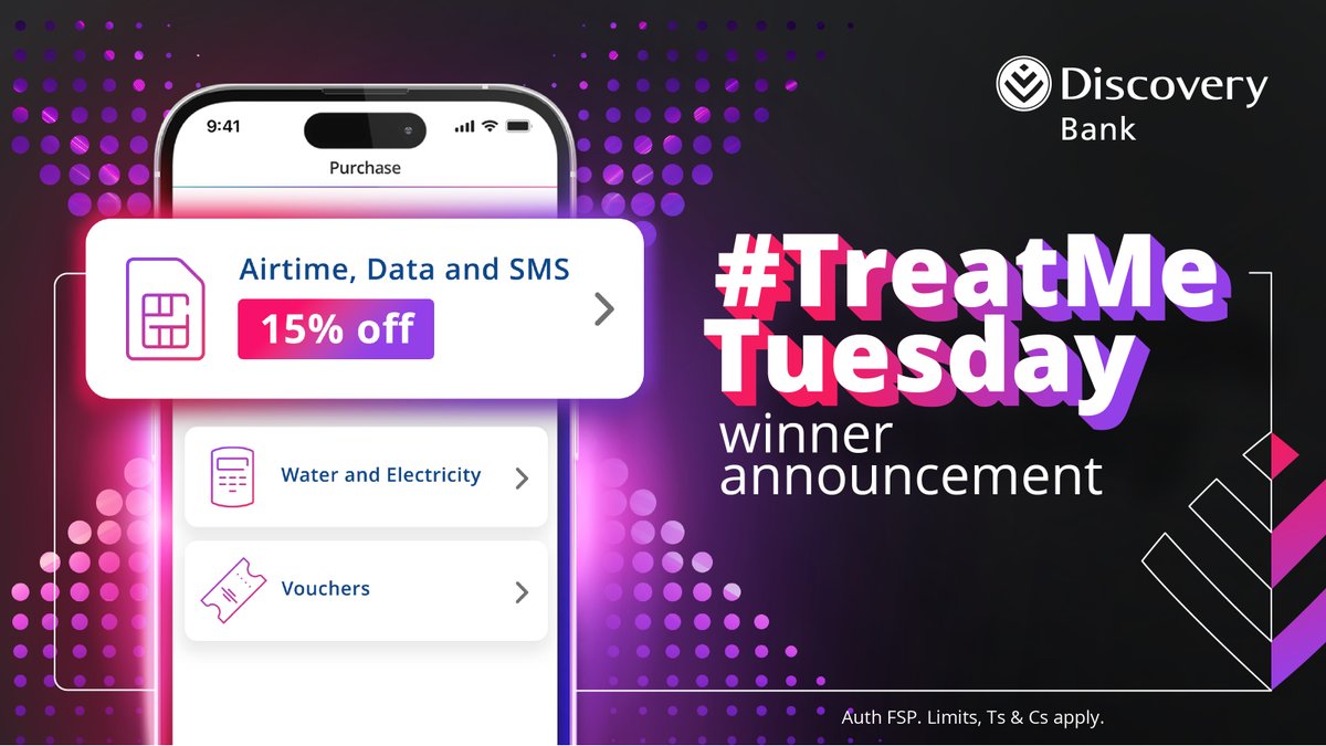 Congrats to the winners of this week's #TreatMeTuesday competition! 😁 @ThutoForChange @_kgothii @TGC20222727 We're loving that you speak sweetly of us! 😍 Follow #DiscoveryBestBank for more competitions!