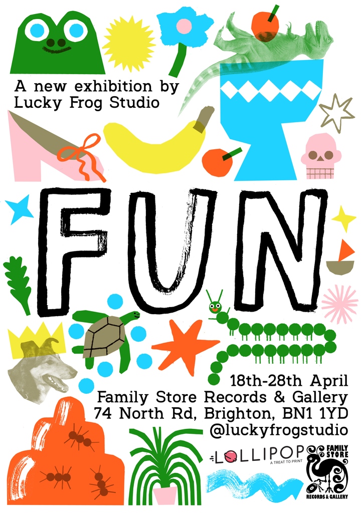 🐸 @studioluckyfrog brings together illustrators @connie_noble, @bobrobbaru, @lizlomaxx, @michaelwdriver, @hollyfarndell, @hi_timalexander, @leannerule & @jessicameyrick_ Catch their new FUN exhibition, opening tomorrow at Family Store Records & Gallery! bit.ly/FUNExhibition